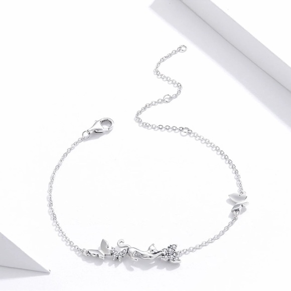 Cat & Butterflies Link Chain Bracelet for Women 925 Sterling Silver Bracelet - Picture 6 of 10